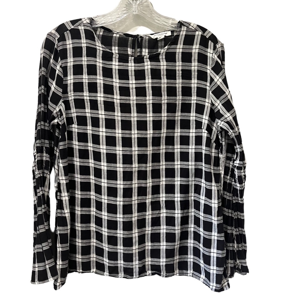Beach Lunch Lounge Womens Size Medium Black White Plaid Long Sleeve Peasant Top